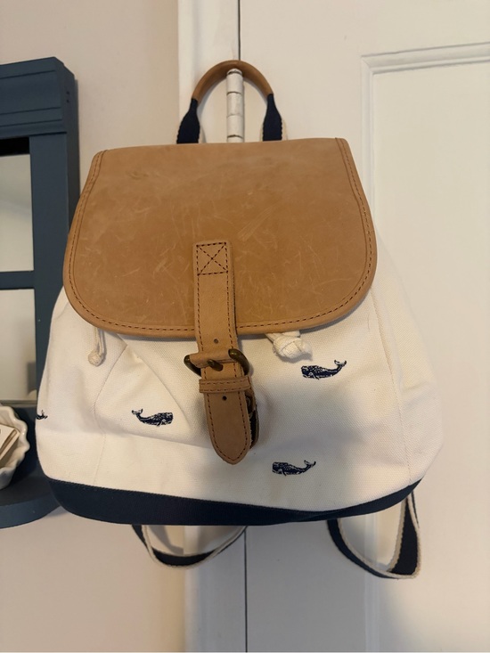 L.L. Bean Handbags - LL Bean Vintage Whale-Print Backpack with Leather Flap - Cream and Tan